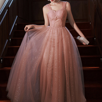 Pink tulle sequins long prom dress pink evening dress - Thumbnail 3
