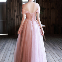 Pink tulle sequins long prom dress pink evening dress - Thumbnail 5