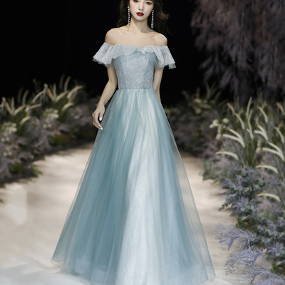 Cute tulle sequins long prom dress a line evening dress - Thumbnail 4