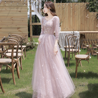 Pink tulle beads long prom dress A line evening dress - Thumbnail 1