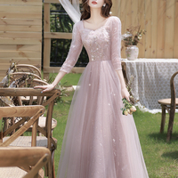 Pink tulle beads long prom dress A line evening dress - Thumbnail 2