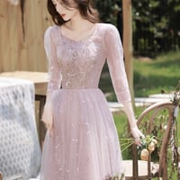 Pink tulle beads long prom dress A line evening dress - Thumbnail 3