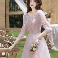 Pink tulle beads long prom dress A line evening dress - Thumbnail 4