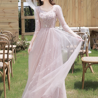 Pink tulle beads long prom dress A line evening dress - Thumbnail 7