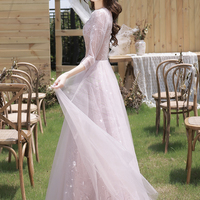 Pink tulle beads long prom dress A line evening dress - Thumbnail 5