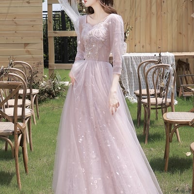 Pink tulle beads long prom dress a line evening dress - Thumbnail 2