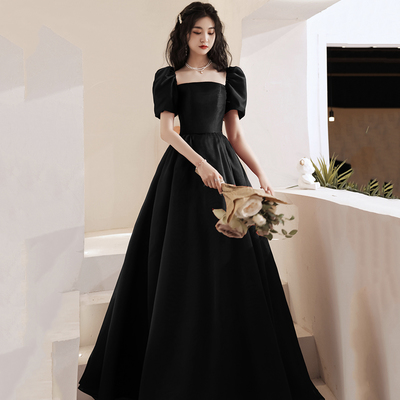 Black satin long prom dress a line evening gown - Thumbnail 1