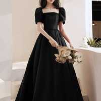Black satin long prom dress A line evening gown - Thumbnail 4