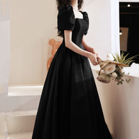 Black satin long prom dress A line evening gown - Thumbnail 1