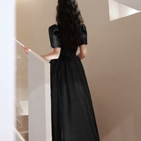 Black satin long prom dress A line evening gown - Thumbnail 2