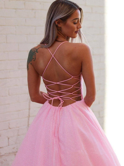 Chic A-line Spaghetti Straps Unique Long Prom Dresses Pink Evening Dress,1360