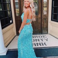 Charming Two Piece Lake Blue Sequin Long Prom Dresses with Side Slit - Thumbnail 1