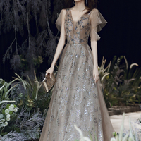 Stylish tulle sequins long prom dress A line evening dress - Thumbnail 1