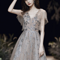 Stylish tulle sequins long prom dress A line evening dress - Thumbnail 4