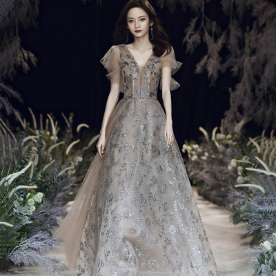 Stylish tulle sequins long prom dress a line evening dress - Thumbnail 1