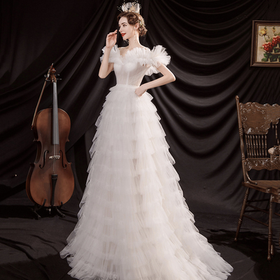 White tulle long prom dress a line evening dress - Thumbnail 3