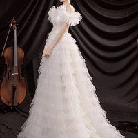 White tulle long prom dress A line evening dress - Thumbnail 1