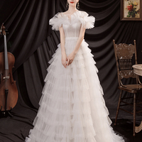 White tulle long prom dress A line evening dress - Thumbnail 2