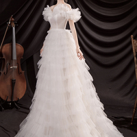 White tulle long prom dress A line evening dress - Thumbnail 3