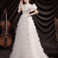 White tulle long prom dress A line evening dress - Thumbnail 5