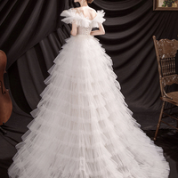 White tulle long prom dress A line evening dress - Thumbnail 4