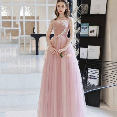 Pink tulle long prom dress a line evening dress - Thumbnail 2