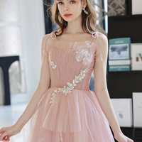 Pink tulle long prom dress A line evening dress - Thumbnail 1