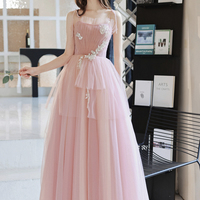 Pink tulle long prom dress A line evening dress - Thumbnail 3