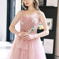 Pink tulle long prom dress A line evening dress - Thumbnail 5