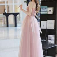 Pink tulle long prom dress A line evening dress - Thumbnail 6