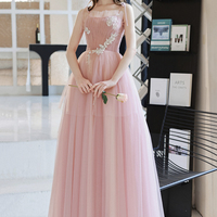 Pink tulle long prom dress A line evening dress - Thumbnail 7
