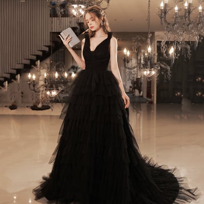 Black tulle long ball gown dress black formal dress - Thumbnail 2