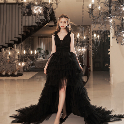 Black v neck tulle high low prom dress black evening dress