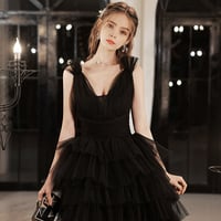 Black v neck tulle high low prom dress black evening dress - Thumbnail 1