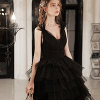 Black v neck tulle high low prom dress black evening dress - Thumbnail 2