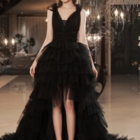 Black v neck tulle high low prom dress black evening dress - Thumbnail 3