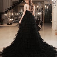 Black v neck tulle high low prom dress black evening dress - Thumbnail 4
