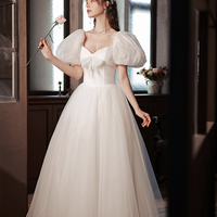 White tulle long A line prom dress white evening dress - Thumbnail 1