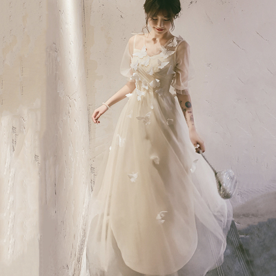 Champagne tulle lace long prom dress a line evening dress - Thumbnail 1