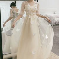 Champagne tulle lace long prom dress A line evening dress - Thumbnail 2