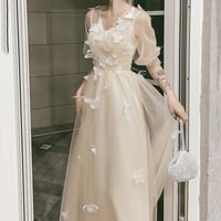 Champagne tulle lace long prom dress A line evening dress - Thumbnail 3