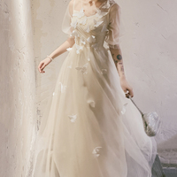 Champagne tulle lace long prom dress A line evening dress - Thumbnail 5