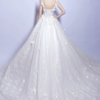 White lace v neck long prom dress white evening dress - Thumbnail 4