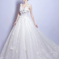 White lace v neck long prom dress white evening dress - Thumbnail 5