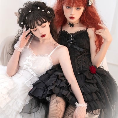 Gothic black & white summer stars rose lace strap dress