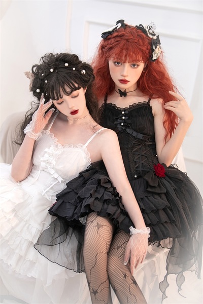 Gothic Black & White Summer Stars Rose Lace Strap Dress
