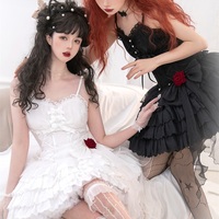 Gothic Black & White Summer Stars Rose Lace Strap Dress - Thumbnail 2