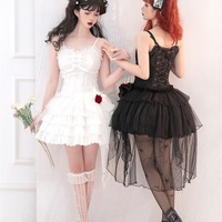 Gothic Black & White Summer Stars Rose Lace Strap Dress - Thumbnail 3