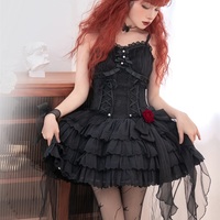 Gothic Black & White Summer Stars Rose Lace Strap Dress - Thumbnail 7