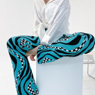 High waist checker wave color block straight leg trousers pants